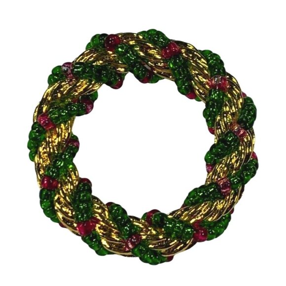 Avon Jewelry - Vintage Avon Christmas Wreath Brooch 1.5" Gold Tone Beaded Green Red Lapel Pin